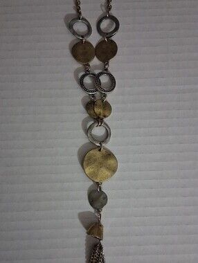 Ruby Rd. Two-Tone Hammered Disc Tassel Pendant Necklace Long Boho Statement